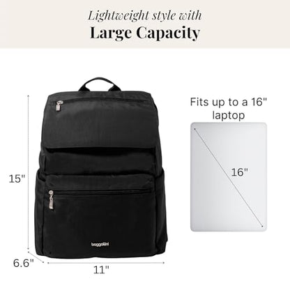 Baggallini Flap Laptop Backpack - 15"x11" Lightweight Work Travel Bag w/Luggage Sleeve & RFID - color: Black