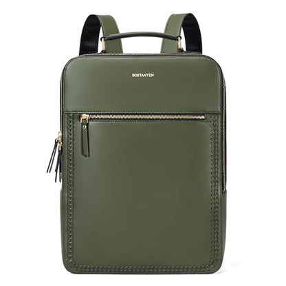 BOSTANTEN Leather Backpack 15.6 inch Laptop Bag Travel Casual Computer Backpack College Business Work Shoulder Bags with Trolley Sleeve for Women Men Olive Green - color: Olive Green