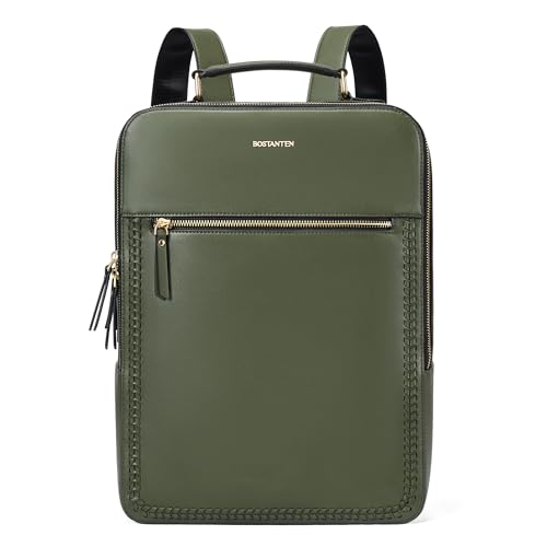 BOSTANTEN Leather Backpack 15.6 inch Laptop Bag Travel Casual Computer Backpack College Business Work Shoulder Bags with Trolley Sleeve for Women Men Olive Green - color: Olive Green