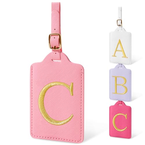 Initial Luggage Tags for Suitcases, Cute Embroidered Letter Luggage Bag Suitcase Identifier Name Baggage Tag, PU Leather Travel Luggage Tags, Bag Tags for Men Women Kids Luggage Handbags(Pink C) - color: Pink/Golden-letter, size: C
