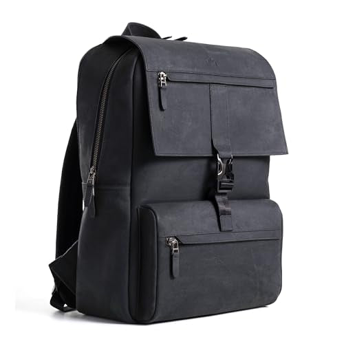 Leather Backpack for Men & Women, Classic Black - Handcrafted Top Grain Leather vintage backpack with 17 Inch Laptop Sleeve - Lightweight & Durable for Business, Travel & Work - 33cm x 16cm x 40cm - color: Black