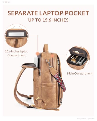 SYTRAH Leather Laptop Backpack for Women, 15.6 inch Computer Daypack Camel | Faux Leather Laptop Backpack: Dedicated 15.6" Laptop Compartment, 9-Pocket Organizer, Breathable Mesh Strap, Work & Travel - color: Camel