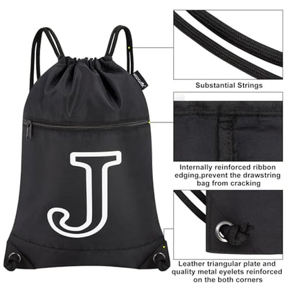 HOLYLUCK Drawstring Bags Initial Backpack Sackpack Cinch Bags for Sports, Gym, Travel, Beach (Black-J) - color: Black-j