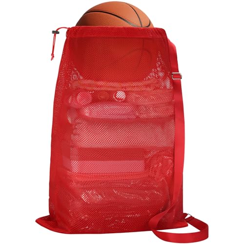 NATURAL STYLE Large Mesh Drawstring Backpack Bag, Gym Sports String Bag, Outdoor Workout Beach Swim Bag (Red) - color: Red
