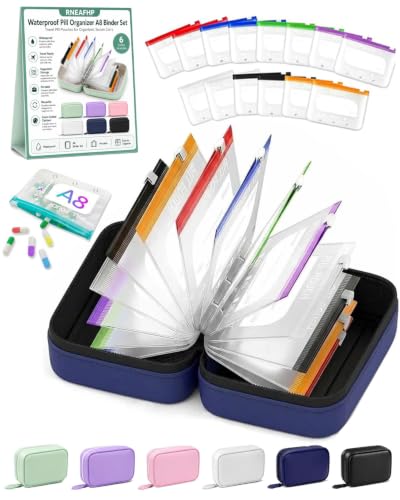 Waterproof Pill Organizer A8 Binder Set Pill Pouches for Travel 14PCS Bags Inside Large Zippered Pouch Bpa-Free Weekly Medicine Air Tight Pocket Color-Coded Reusable Travel Storage System - color: Blue