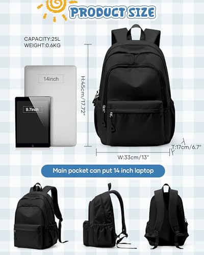 winspansy Backpack for School Teenage Girls Boys,Waterproof Lightweight School Bags Travel Daypack Simple Cute College Backpack Rucksack for Women Men fit 14 Inch Laptop,Black - color: A1-black
