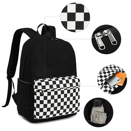 CAMTOP Girls Backpack with Lunch Box Set, Cute Bow School Backpack for Kids, 3-in-1 Lightweight Lunch Bag and Pencil Pouch - color: Black White Grid