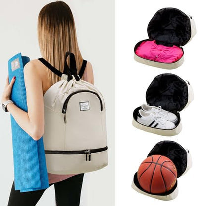 Kamo Drawstring Backpack Bag - Sport Swimming Yoga Backpack with Shoe Compartment, Two Water Bottle Holder for Men Women Large String Backpack Athletic Sackpack for Travel - color: Off-white