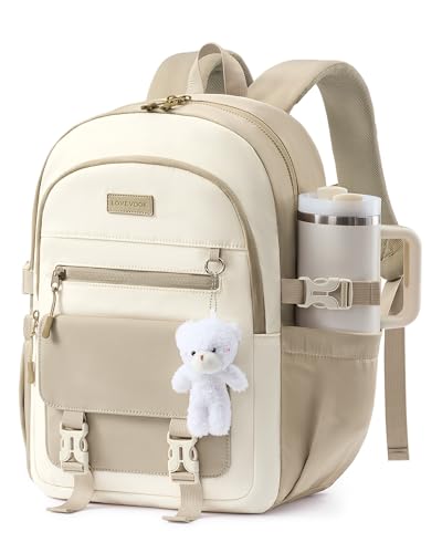 LOVEVOOK School Backpack for Teen Girls, Cute Student Bookbag Fits 15.6 Inch Laptop, Back to School Backpacks for 8-18 Teenager Kid, Large College Travel Back Pack with Water Bottle Holder - color: Cream-bare Khaki, size: 15.6 Inch
