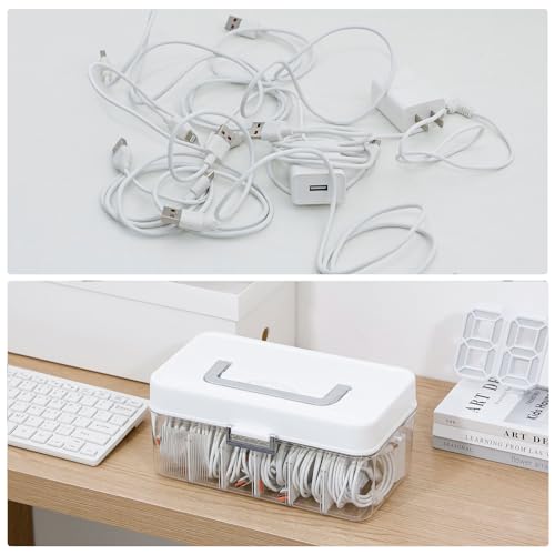 Large Cable Organizer Box with Lid, Plastic Cord Storage Case with Handle and Wire Ties for Home Office, Phone Charger, Art Crafts, Stationery - size: 1 Pack