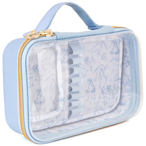 ZIPIT: Travel Makeup Bag - Blue & White Flowers - Protective Hard Shell, Large Cosmetic Case, Transparent Zipper Lid, Carry Handle, Toiletry Organizer - color: Light Blue