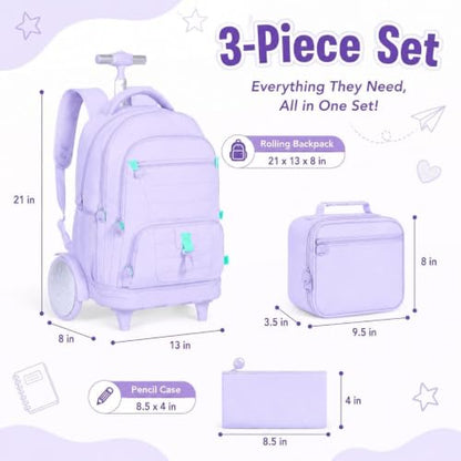 CCJPX 3Pcs Women & Girls Rolling Backpack with Bigger Wheels, Extra-Large Wheeled Bookbag with Lunch Box, Water Resistant Extra-Large Roller Luggage for Travel, Work, College (Purple) - color: Purple(upgrade Large Wheel)