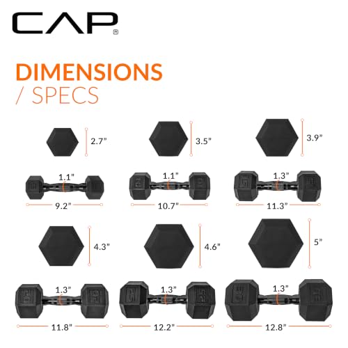 CAP Rubber Coated Hex Dumbbell Set with Storage Rack | 100–210 lb Options, Space-Saving Vertical Compact Storage for Home Gym Strength Training - size: 210 lb - Set - Silver Rack, style: Black Handle