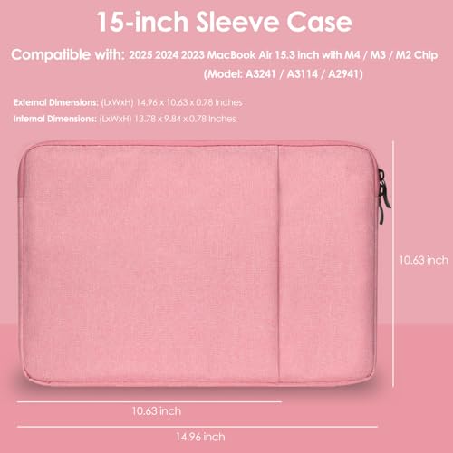 ProElife 15-Inch Laptop Sleeve Case for 2025-2023 MacBook Air 15 inch with M4 M3 M2 Accessory Traveling Carrying Case Water-Resistant Bag Cover for MacBook Air 15'' 2025 2024 2023 M4 M3 M2 (Pink) - color: Pink