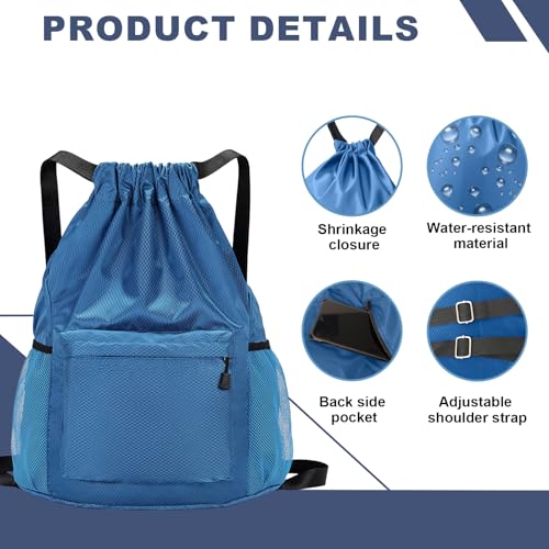 Tygelluis Drawstring Backpack, Waterproof Gym Bag with Water Bottle Pocket for Women Men, Pull String Sport Bag for Swim, Soccer and Basketball,Blue - color: Blue1