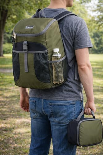 FUEL Top Loader Lunch Backpack Set Water Resistant Backpack Bookbag Bag Soft Reusable Insulated Cooler Box Thermal Travel Office Bag, Army Green - color: Army Green