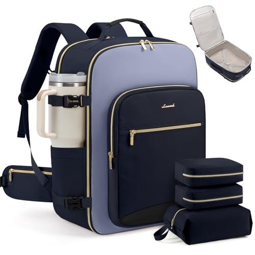 LOVEVOOK 56L Travel Backpack for Women & Men, Airline Approved Carry On Luggage with 3 Packing Cubes, TSA Overnight Bags, Waterproof Personal Item Bag, Weekender Essentials Backpacks fits 17" Laptop - color: Ink Blue-grey Blue-black, size: XX-Large