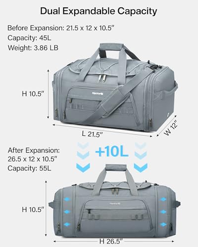 Hanke Gym Bag for Men Women, Expandable 45L-55L Large Capacity Travel Duffle Bag, 3-in-1 Weekender Backpack with Shoe Compartment & Wet Pocket, Durable Water-Resistant, Grey - color: Grey