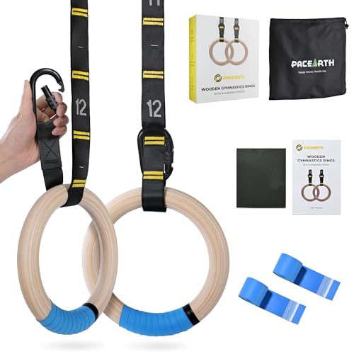 PACEARTH Gymnastics Rings 32mm Wooden Olympic Rings Support 1500lbs Locked Carabiners 9ft Double-Layer Numbered Straps Non-Slip Gym Rings with Foot Straps Door Anchor for Home Gym Full Body Workout - style: 02-1.25" Buckle Rings & Straps Set