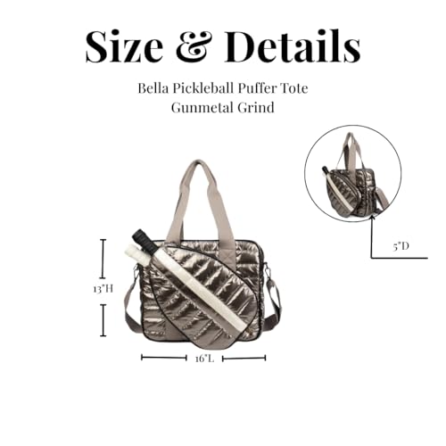 lemonbella Women’s Pickleball Tote Bag, Quilted Puffer Sports Tote, Racquet & Gear Carry Bag, Bella Pickleball Collection (Gunmetal Grind)