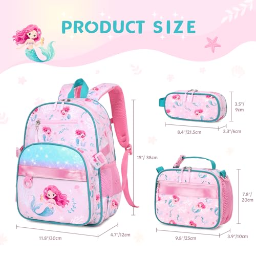Toddler Backpack for Girls Ages 5-8, 3PCS Girls Backpack with Lunch Bag & Pencil Case - 15inch Kids School Bookbag for Preschool Kindergarten Elementary School (Mermaid) - color: Mermaid