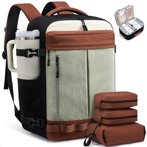 LOVEVOOK 40L Travel Backpack for Women Men, Airline Approved Carry On Luggage with 3 Cubes Accessories, TSA Personal Item Travel Cruise Essentials, Waterproof Weekender Overnight Bags fits 17" Laptop - color: Light Green-brown-beige, size: 40L 4-Piece Set