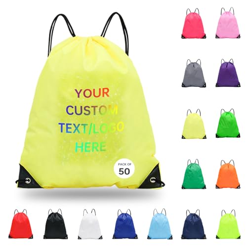 pack of 50 Custom Bags With Your Logo,Drawstring Backpacks Bulk String Bag,Great for Travelling, Gym and for Everyday Use (Custom Yellow) - color: Custom Yellow