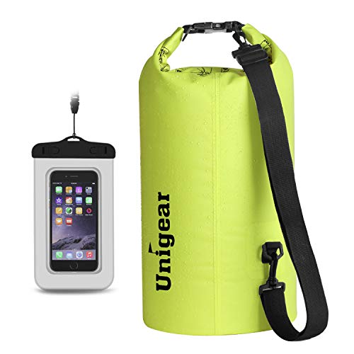 Unigear Dry Bag Waterproof, 2L/5L/10L/20L/30L/40L Floating and Lightweight Bags for Kayaking, Boating, Fishing, Swimming and Camping with Waterproof Phone Case - color: Yellow, size: 10L