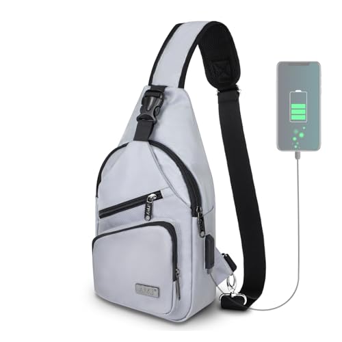 AMJ Crossbody Sling Bag Men Women, Casual Shoulder Backpack, Chest Daypack Satchel for Hiking Travel - color: White Gray, size: Small