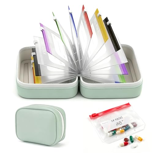 A8 Waterproof Pill Organizer Set, with 14 Color-Coded Pouches, Pill Pouches for Travel, Leakproof Reusable Zippered Storage Case, Compact Daily Pills Holder, Travel Medicine Organizers - color: Green