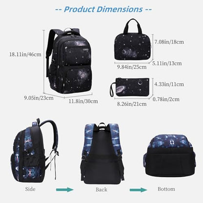 MITOWERMI Boys Backpacks for Primary Junior School Kids Backpack with Lunch Box Galaxy Space Bookbags for Boys Girls - color: #01 Black Galaxy, style: 3 Pcs Set Backpack