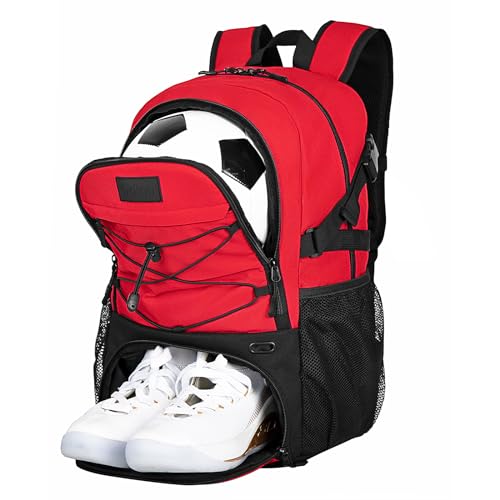 Goloni Soccer Backpack,Basketball Backpack with Ball Compartment & Shoe Compartment,Backpack for Basketball,Soccer - color: Red