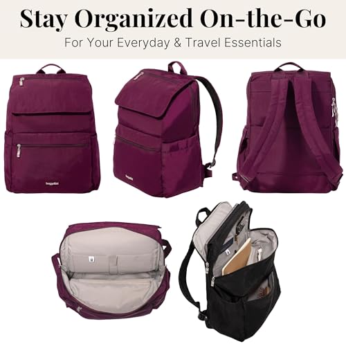 Baggallini Flap Laptop Backpack - 15"x11" Lightweight Work Travel Bag w/Luggage Sleeve & RFID - color: Mulberry