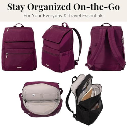 Baggallini Flap Laptop Backpack - 15"x11" Lightweight Work Travel Bag w/Luggage Sleeve & RFID - color: Mulberry