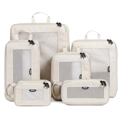 EPICKA TripCozy Compression Packing Cubes - 6 Set Durable Travel Organizer Bags with Mesh Top, Expandable Travel Accessories for Carry on, Luggage, Suitcase, Backpack (Beige) - color: Beige, size: Set of 6