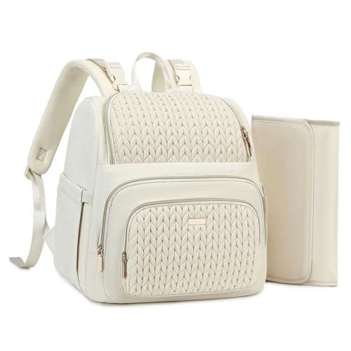 MAPLELILY Large Diaper Bag Backpack, Stylish Baby Travel Diaper Bag, Beige | Waterproof lightweight maternity hospital backpack. With changing pad, stroller straps, insulated pocket. Mom, dad, toddler - color: Beige