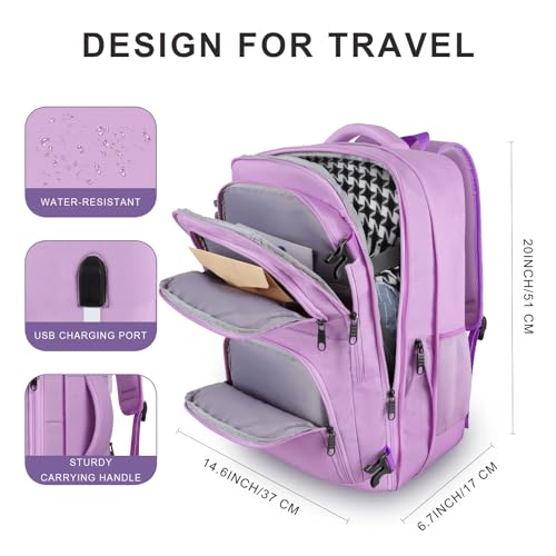 Large Travel Backpack, Laptop Backpack for women, Expandable 52L Carry On Backpack, TSA Water Resistant Weekender 18.4 Inch Laptop Backpack, Anti Theft Business Computer Bag with USB Port, Purple - color: Purple