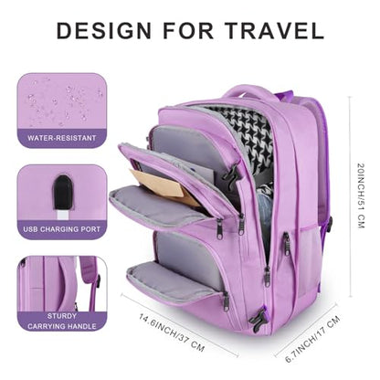 Large Travel Backpack, Laptop Backpack for women, Expandable 52L Carry On Backpack, TSA Water Resistant Weekender 18.4 Inch Laptop Backpack, Anti Theft Business Computer Bag with USB Port, Purple - color: Purple