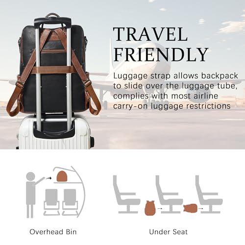 Shrrie Vegan Leather Laptop Backpack for Women 15.6 inch Work Backpack Fashion Travel Backpack Purse for Business College - color: Black With Brown