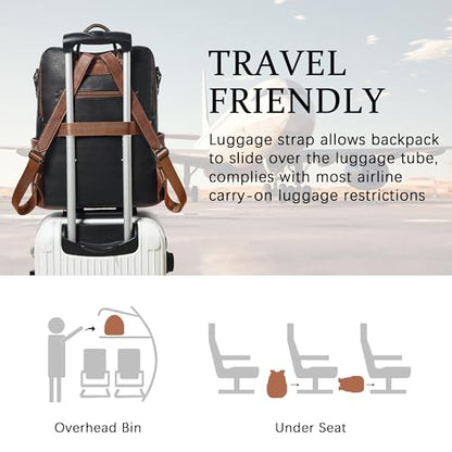 Shrrie Vegan Leather Laptop Backpack for Women 15.6 inch Work Backpack Fashion Travel Backpack Purse for Business College - color: Black With Brown
