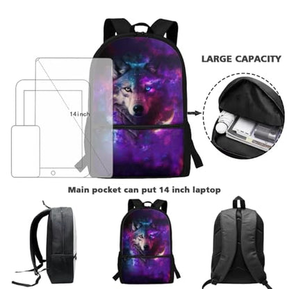 ZOUTAIRONG Galaxy Wolf School Bag Set and Durable Thermos Two Piece Backpack Set Mini Water Up and School Bags with 2 Side Pockets - color: Galaxy Wolf