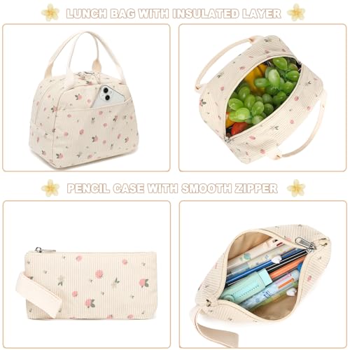BTOOP School Backpacks for Teen Girls Bookbags Lightweight Kids Backpack School Bags Set with Lunch Box Pencil Case - color: Strawberry Beige