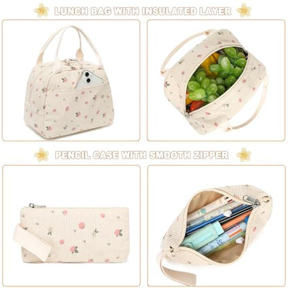 BTOOP School Backpacks for Teen Girls Bookbags Lightweight Kids Backpack School Bags Set with Lunch Box Pencil Case - color: Strawberry Beige