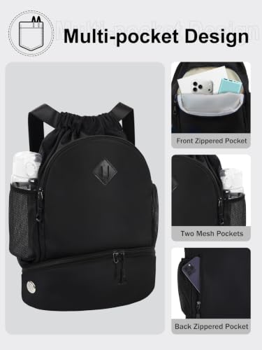 RHDZO Drawstring Backpack with Shoe Compartment and Wet Pocket, Large Black - color: Large Black, size: Large