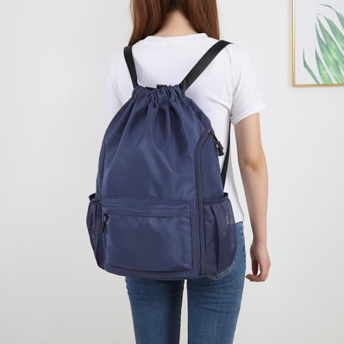 Valleycomfy Waterproof Drawstring Gym Backpack Bag for Men & Women,Sports Gym Bag with Side Pocket Orange - color: A-dark Blue
