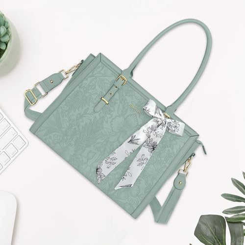 MOSISO Laptop Bag for Women, 17-17.3 inch PU Leather Tote Bag Compatible with MacBook, HP, Dell, Asus Notebook, Front Embossed Retro Hibiscus Computer Bags with Silk Scarf&Clutch Purse, Antique Green - color: Antique Green, size: 17.3 inch