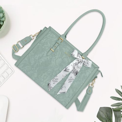 MOSISO Laptop Bag for Women, 17-17.3 inch PU Leather Tote Bag Compatible with MacBook, HP, Dell, Asus Notebook, Front Embossed Retro Hibiscus Computer Bags with Silk Scarf&Clutch Purse, Antique Green - color: Antique Green, size: 17.3 inch