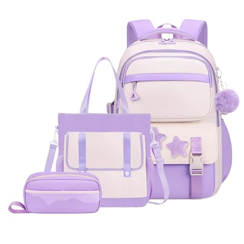 3Pcs Kids Backpack for Girls, Teen Girls Backpack Set with Tote Bag for Elementary Middle School Kids, with Star Pins and Furry Pendant, A08-3Pcs Purple - color: A08-3pcs Purple