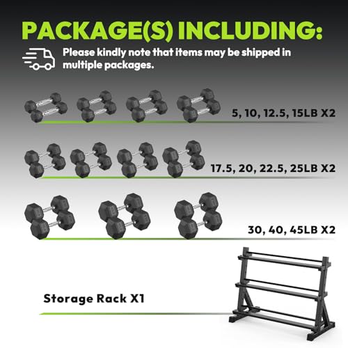 HANDBODE 3-Tier Dumbbell Rack Stand, 1000LB Capacity Storage Rack, Weight Rack for Dumbbells, Kettlebell, 390–700 lb Rubber Coated Fixed Weight Sets, Home Gym Strength Training Equipment - color: 485 lb Set (5-45 lb) *2 & Rack
