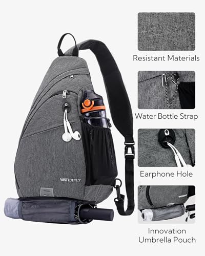 WATERFLY Sling Bag Sling Backpack Small Crossbody Shoulder Bag for Men Women Traveling Cycling Hiking Daypack - color: Grey